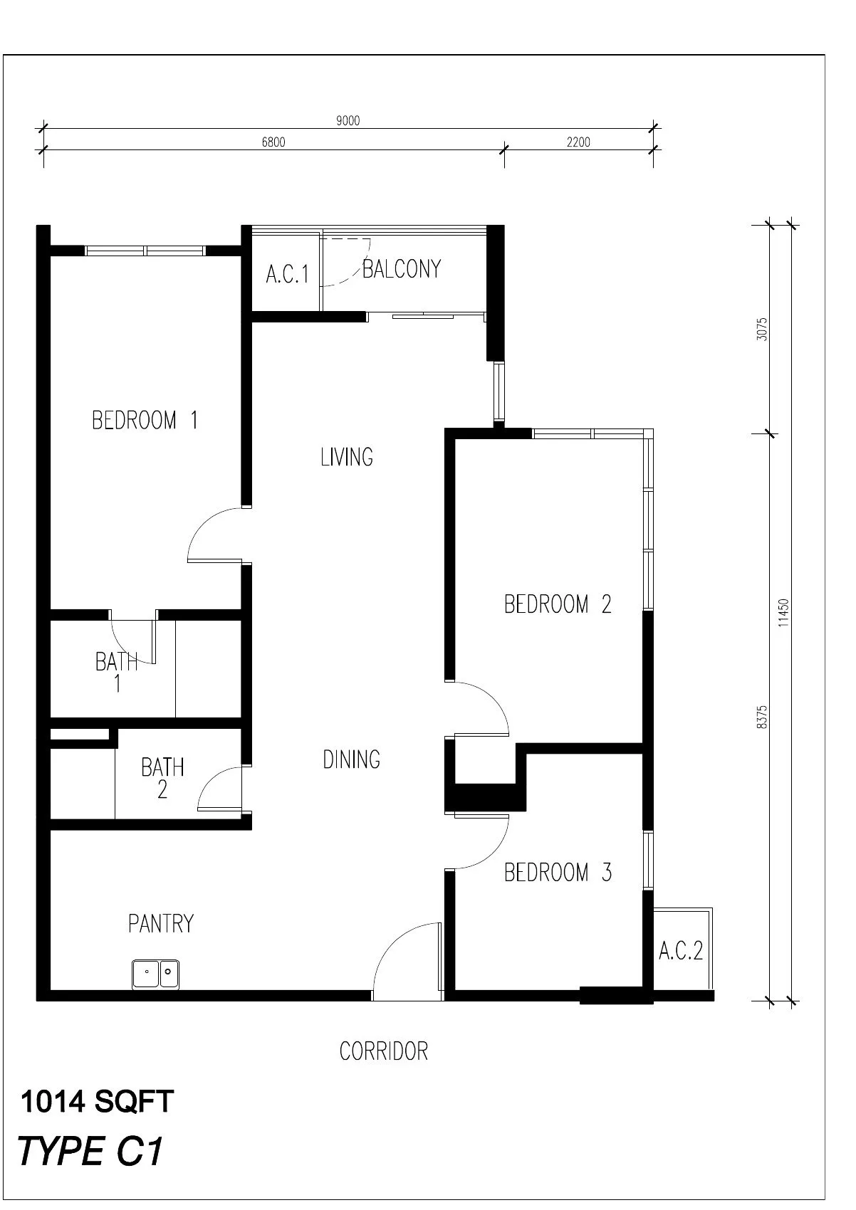 Floor plan of Type C1, 1,014 sq ft, at ICC Suites by Sycal ICC Properties Sdn Bhd, Ipoh, Perak