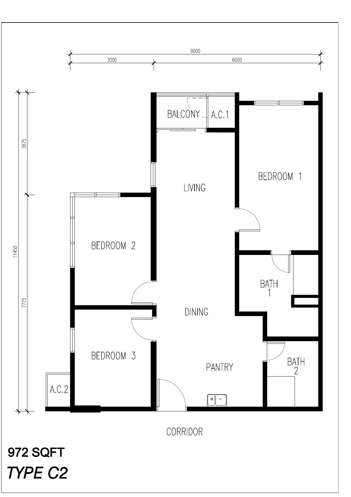 Floor plan of Type C2, 972 sq ft, at ICC Suites by Sycal ICC Properties Sdn Bhd, Ipoh, Perak