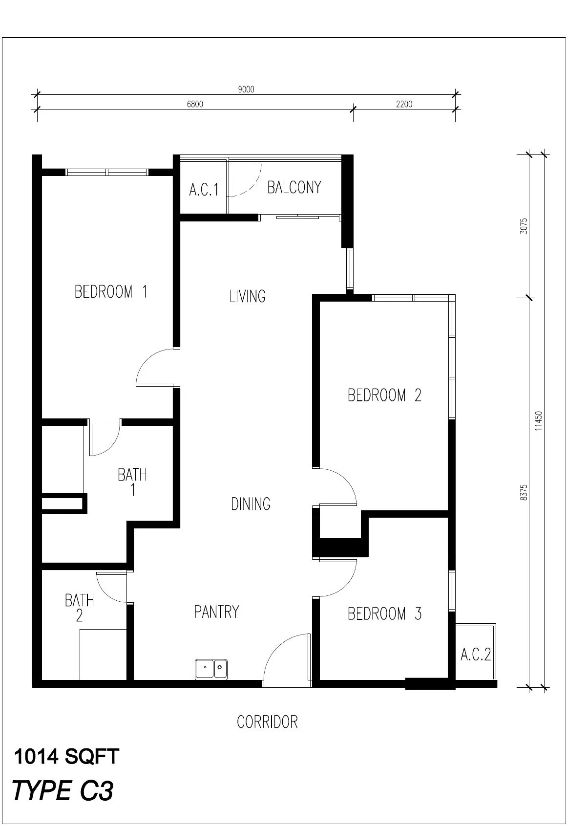 Floor plan of Type C3, 1,014 sq ft, at ICC Suites by Sycal ICC Properties Sdn Bhd, Ipoh, Perak