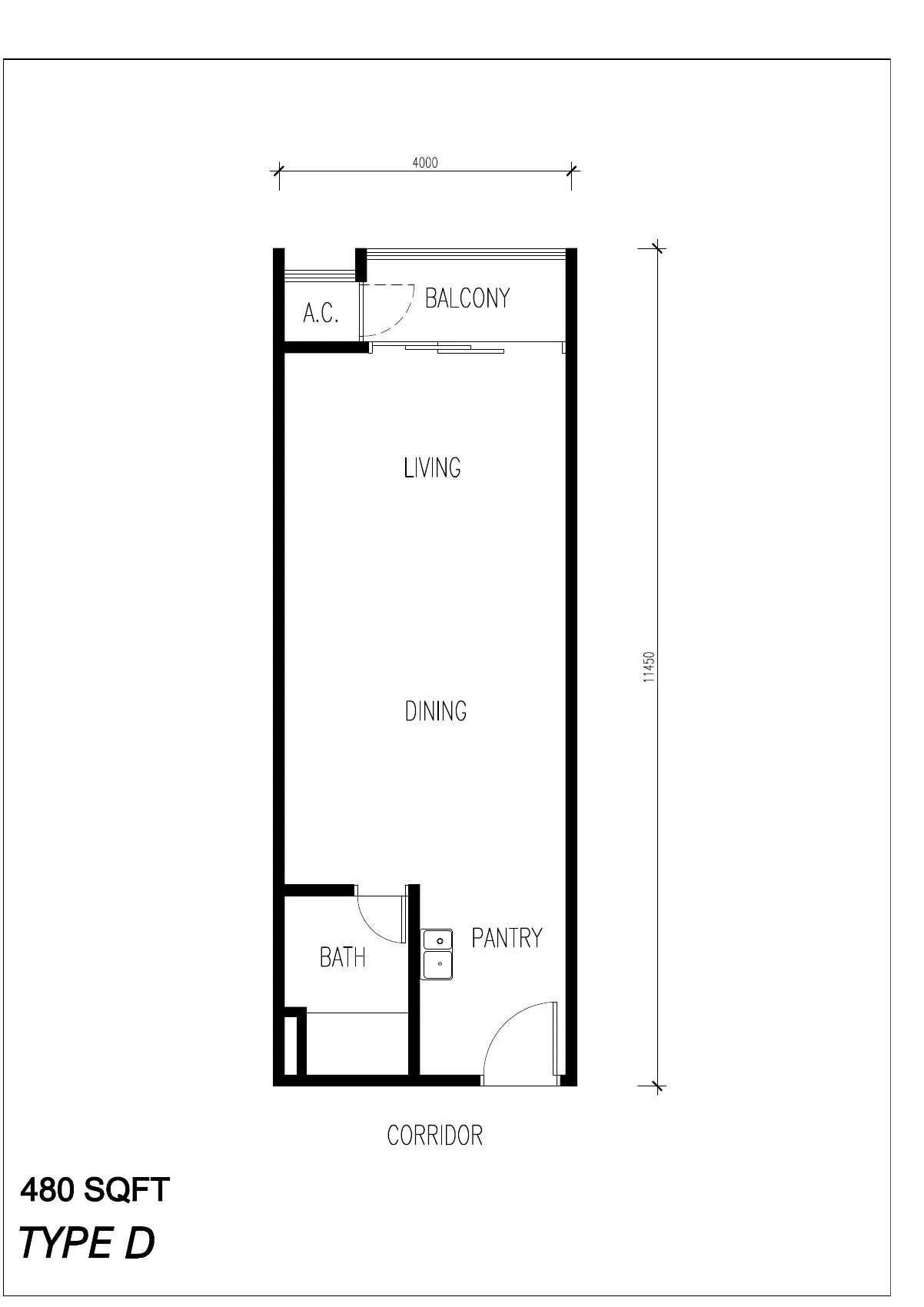 Floor plan of Type D, 480 sq ft, at ICC Suites by Sycal ICC Properties Sdn Bhd, Ipoh, Perak
