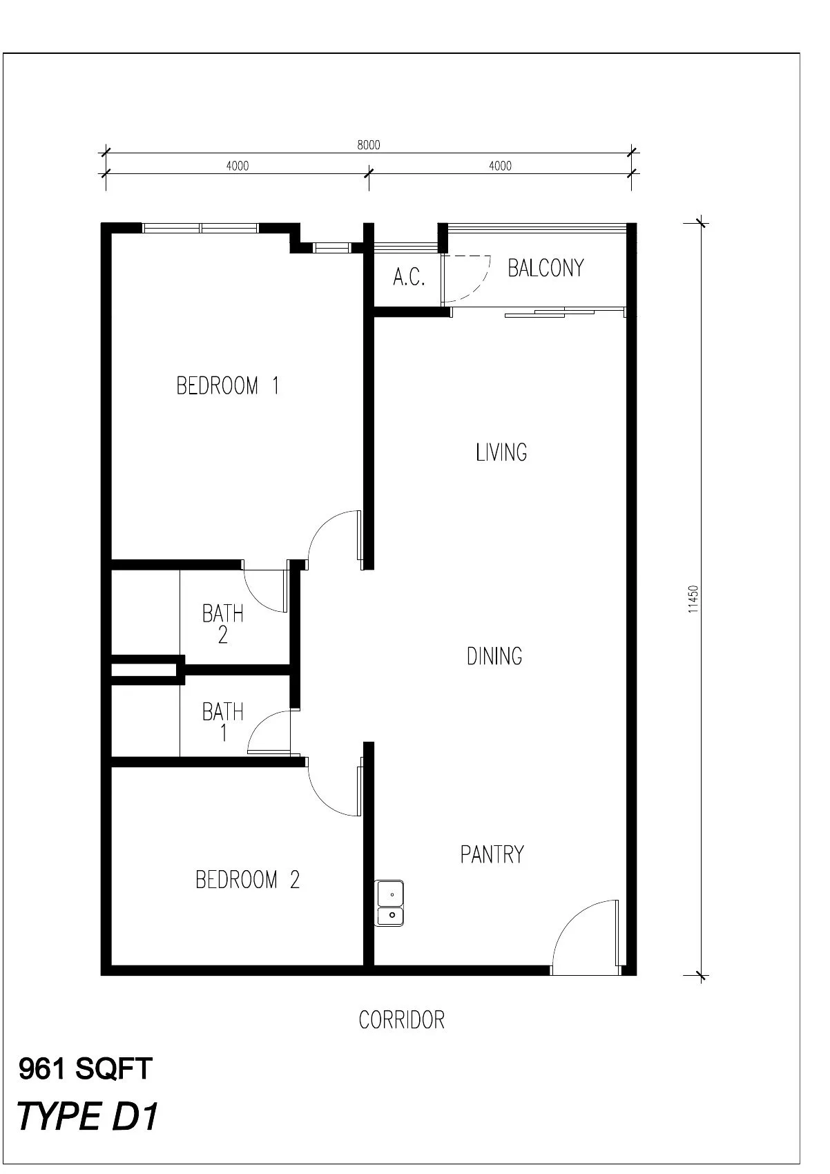 Floor plan of Type D1, 961 sq ft, at ICC Suites by Sycal ICC Properties Sdn Bhd, Ipoh, Perak