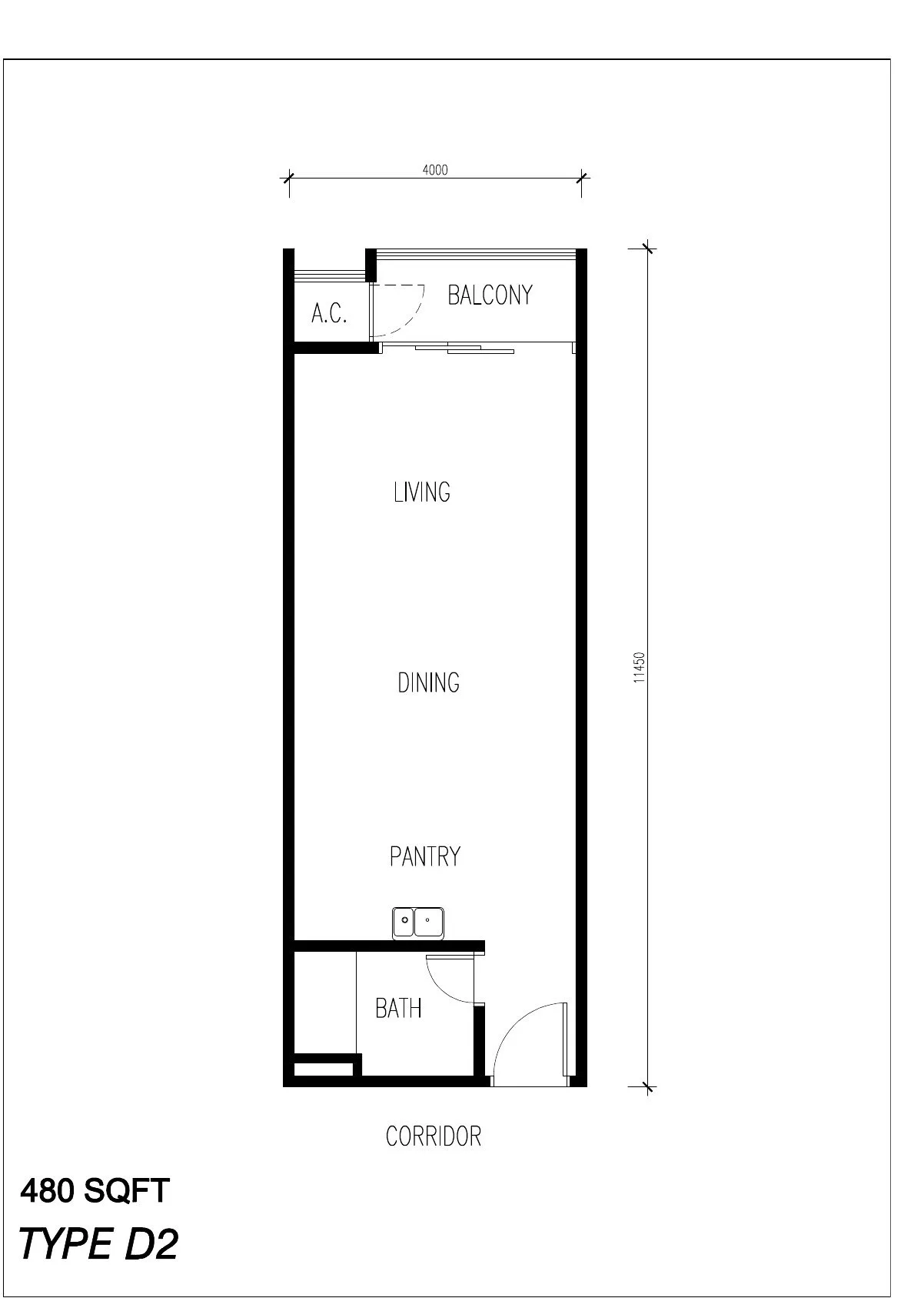 Floor plan of Type D2, 480 sq ft, at ICC Suites by Sycal ICC Properties Sdn Bhd, Ipoh, Perak