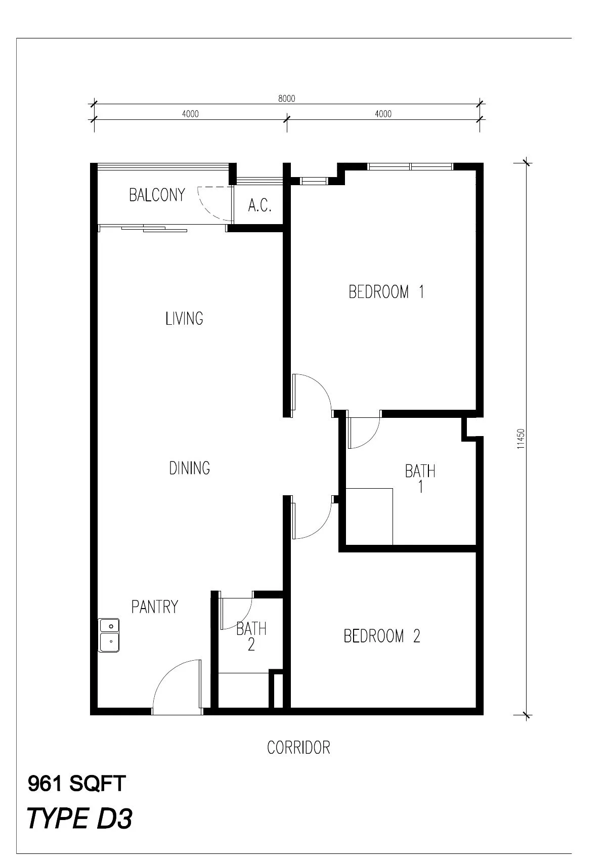 Floor plan of Type D3, 961 sq ft, at ICC Suites by Sycal ICC Properties Sdn Bhd, Ipoh, Perak