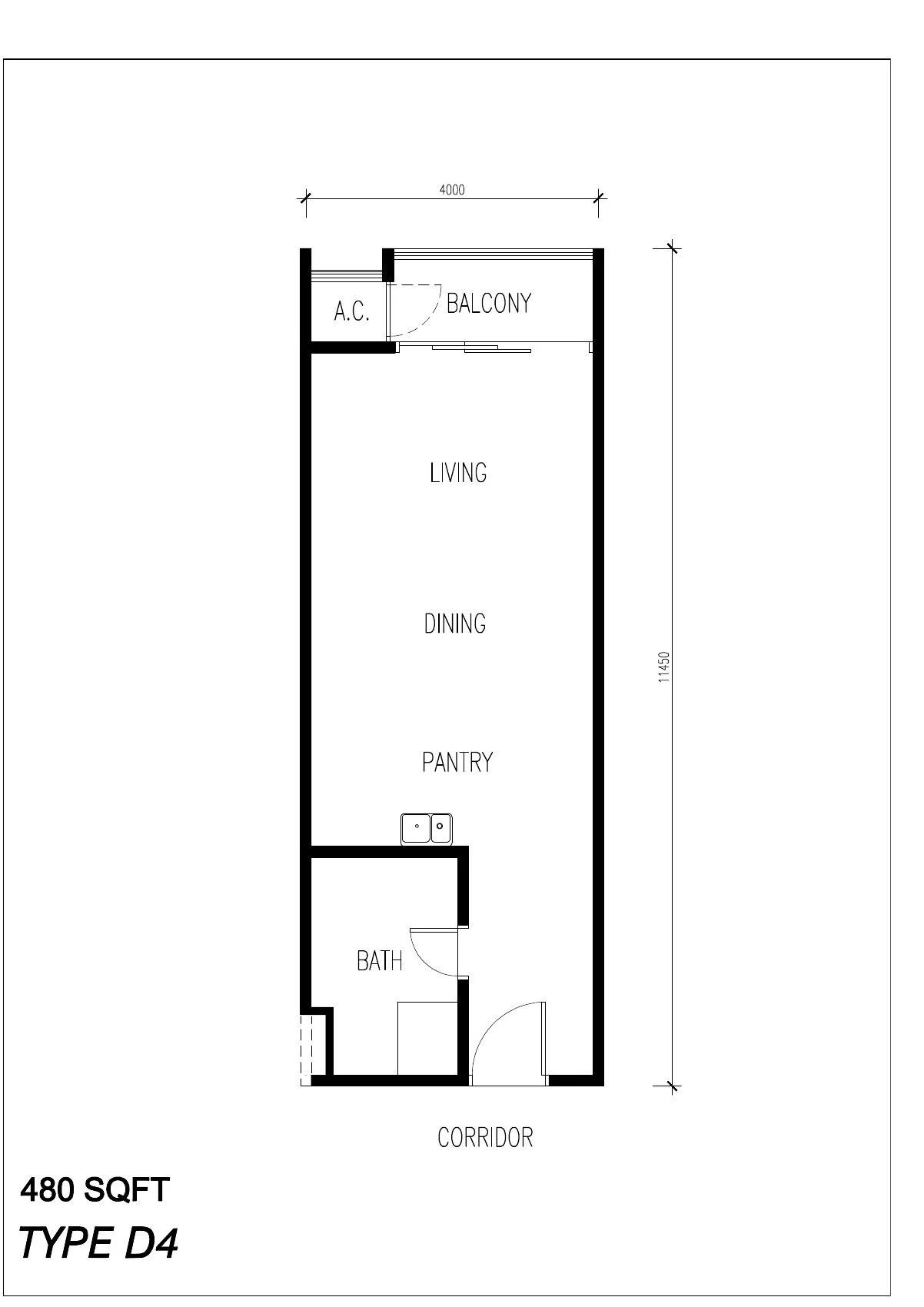 Floor plan of Type D4, 480 sq ft, at ICC Suites by Sycal ICC Properties Sdn Bhd, Ipoh, Perak