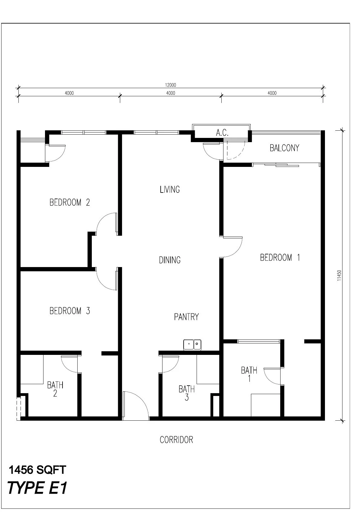 Floor plan of Type E1, 1,456 sq ft, at ICC Suites by Sycal ICC Properties Sdn Bhd, Ipoh, Perak