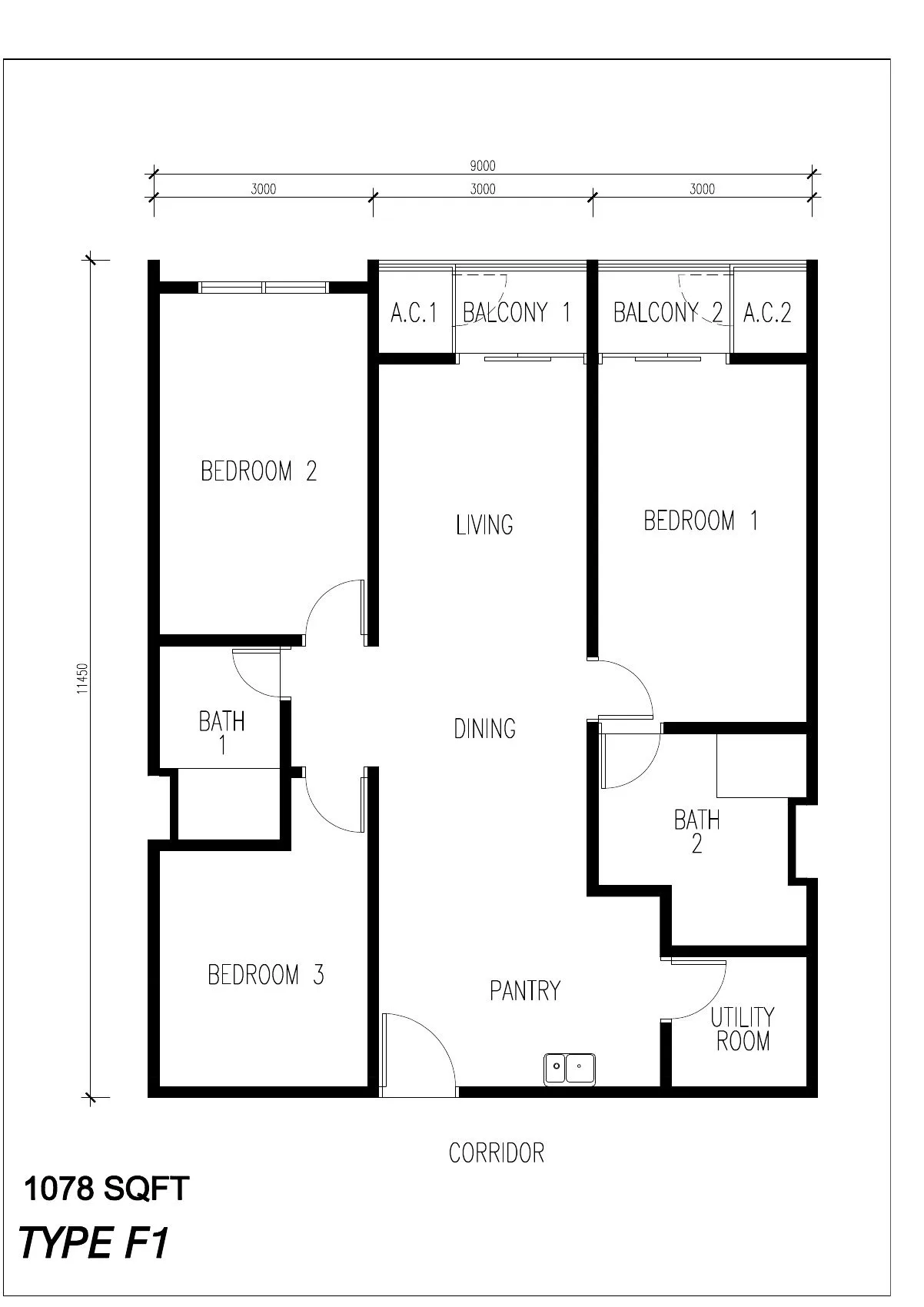 Floor plan of Type F1, 1,078 sq ft, at ICC Suites by Sycal ICC Properties Sdn Bhd, Ipoh, Perak
