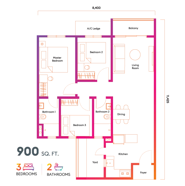Iconic Harmony 900 平方尺住宅单位户型图，槟城大山脚——发展商公布