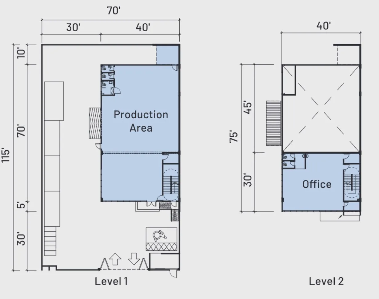 Ideal Business Hub Semi-D Cluster Factory 连体式厂房平面图：底层生产区与二楼办公室，地段 70 尺 × 115 尺，槟城柏淡