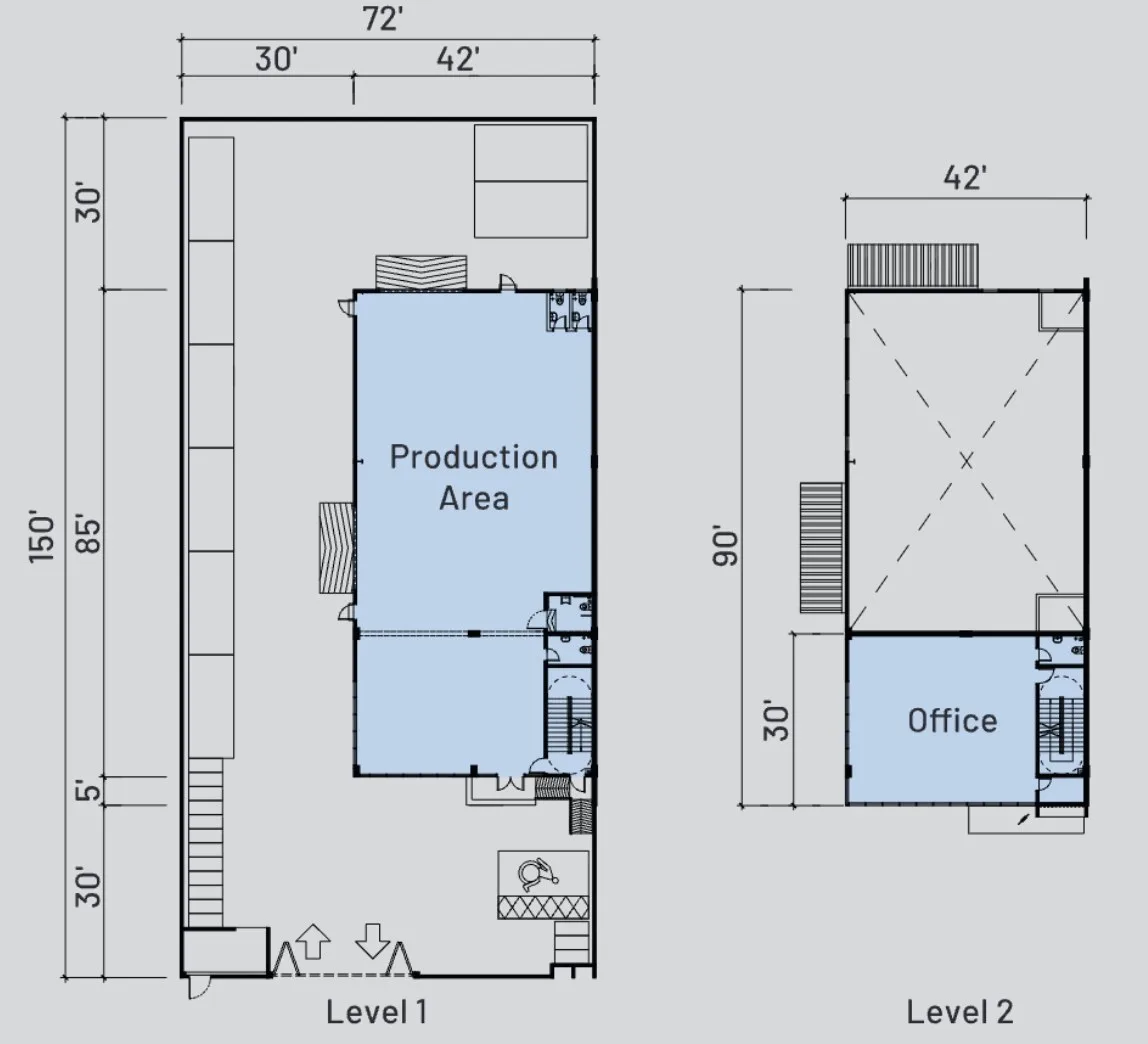 Ideal Business Hub Semi-Detached Factory 半独立式厂房平面图：底层生产区与二楼办公室，地段 72 尺 × 150 尺，槟城柏淡