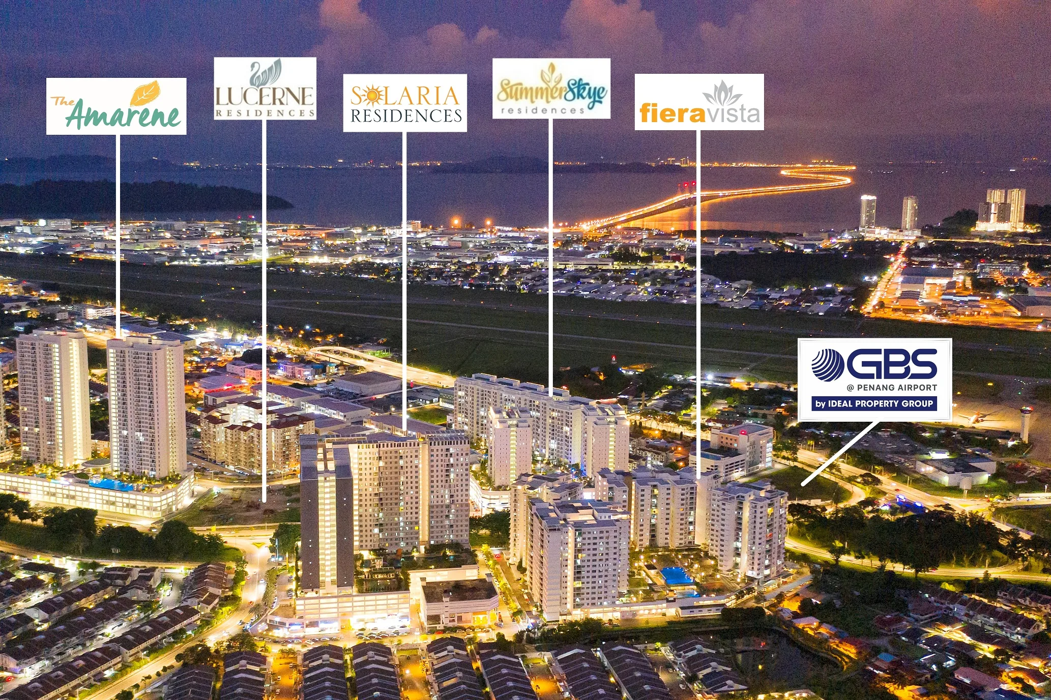 Aerial view over Bayan Lepas with the Ideal GBS @ Penang Airport site marked in front of the airport runway, and The Amarene, Lucerne, Solaria, Summerskye and Fiera Vista labelled
