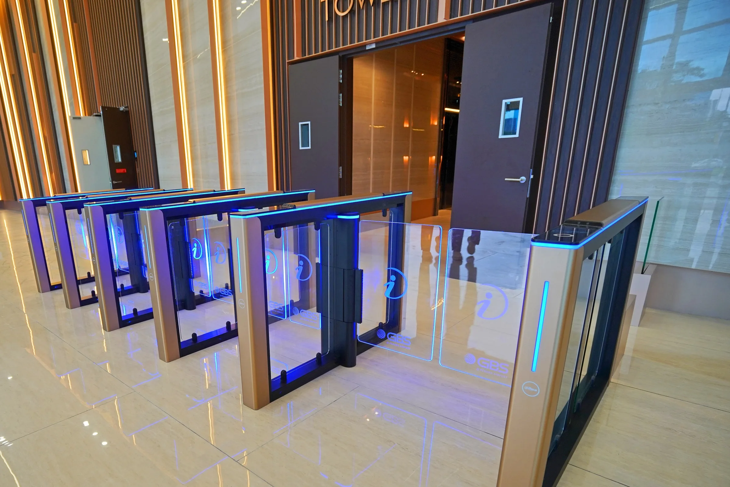 Access-control turnstiles in the lift lobby of Ideal GBS @ Penang Airport, Bayan Lepas, Penang