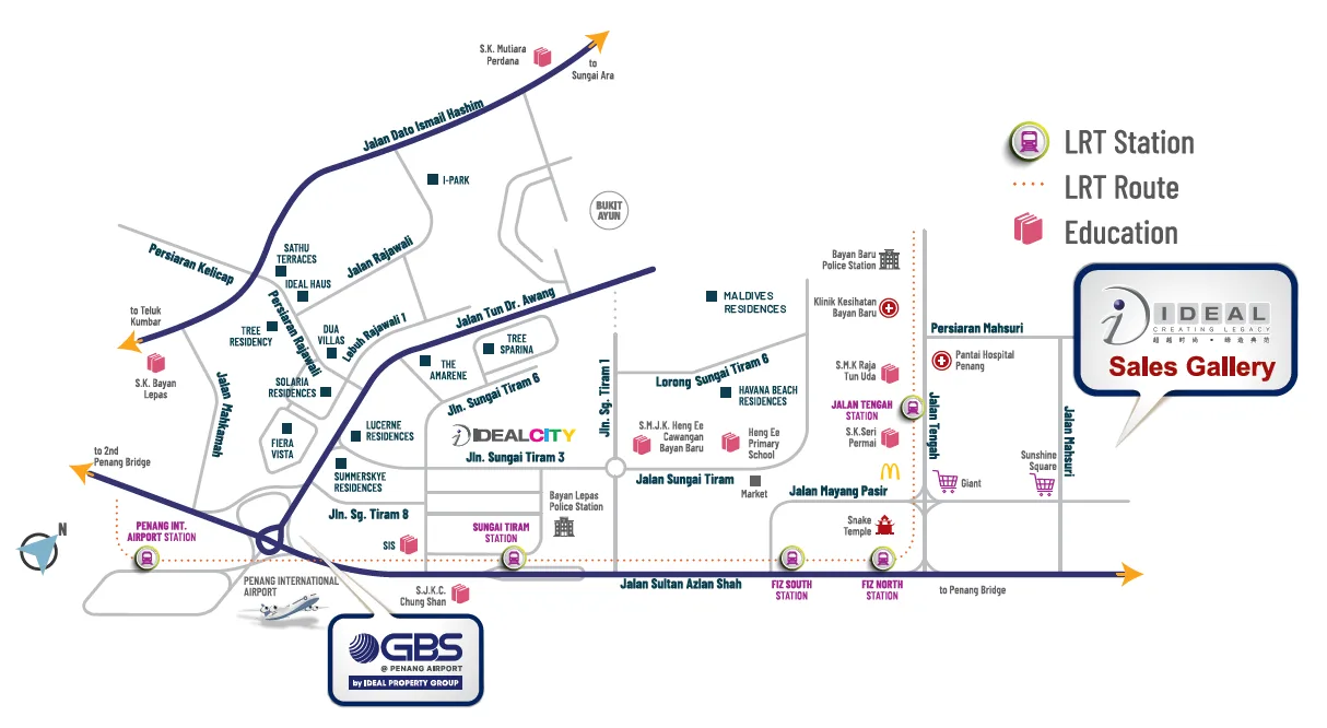 Developer's location map placing Ideal GBS @ Penang Airport at the Jalan Sultan Azlan Shah roundabout beside Penang International Airport, with Ideal City and schools marked