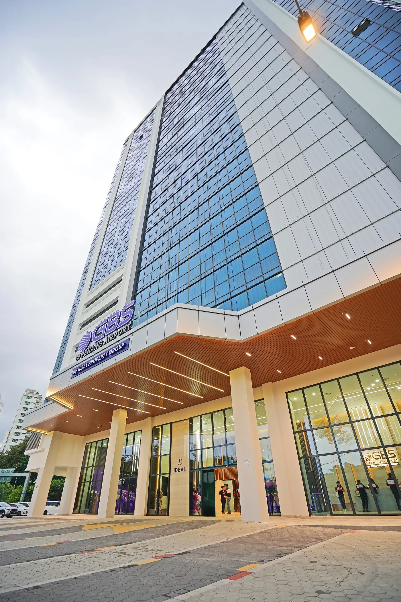 Ideal GBS @ Penang Airport office tower facade and entrance canopy, Bayan Lepas, Penang — developer's photograph of the completed building