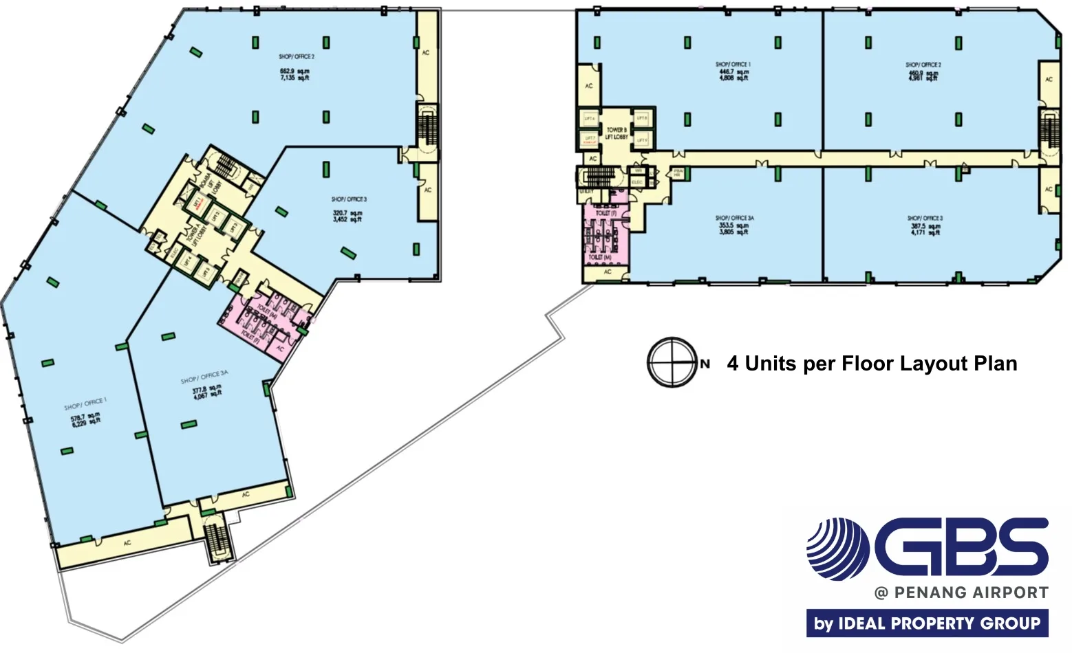 Ideal GBS @ Penang Airport floor plan titled 4 Units per Floor, showing four shop/office units in Tower A and four in Tower B, Bayan Lepas, Penang