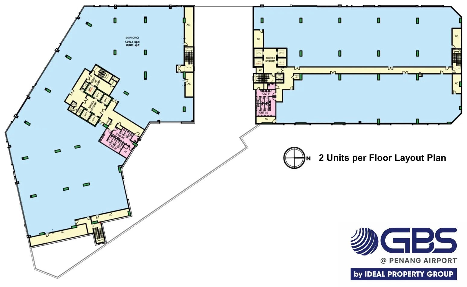 Ideal GBS @ Penang Airport floor plan titled 2 Units per Floor, with Tower A drawn as a single 20,883 sq ft shop/office, Bayan Lepas, Penang
