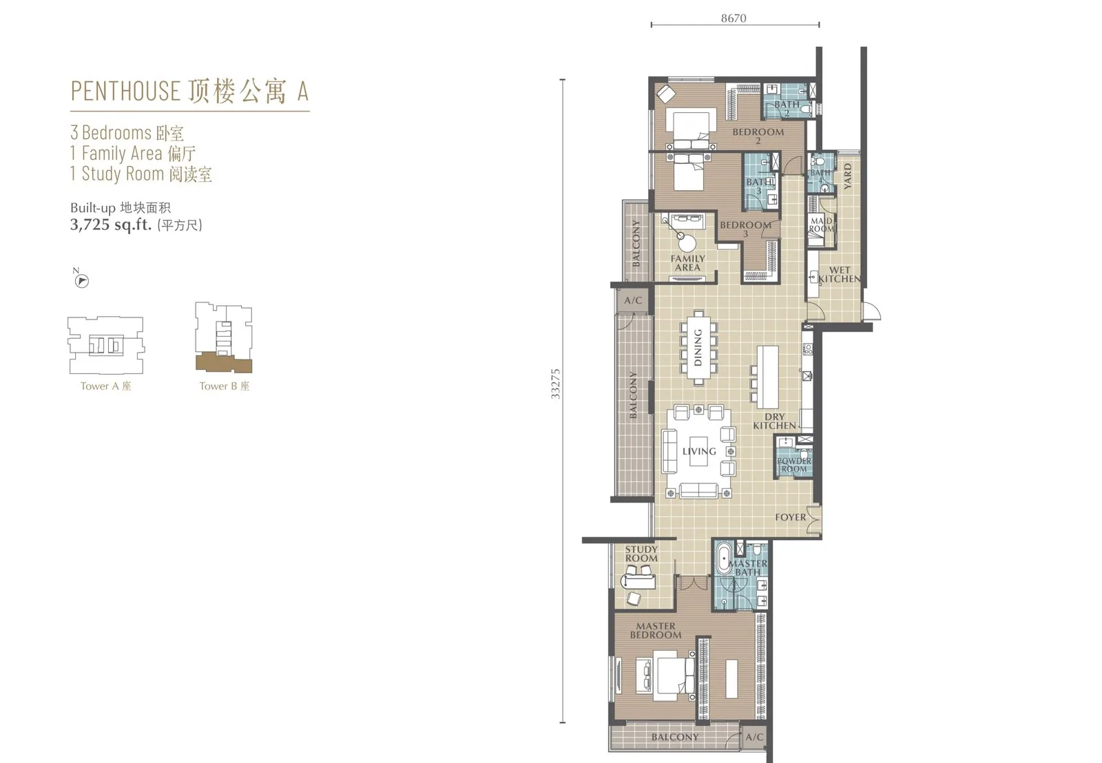 沙巴亚庇 Jalan Lintas Jesselton Twin Towers 顶楼公寓 A 平面图 3,725 平方尺 三房加偏厅与书房 B 座