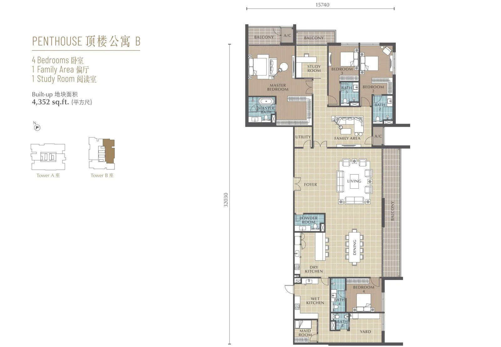 沙巴亚庇 Jalan Lintas Jesselton Twin Towers 顶楼公寓 B 平面图 4,352 平方尺 四房加偏厅与书房 B 座