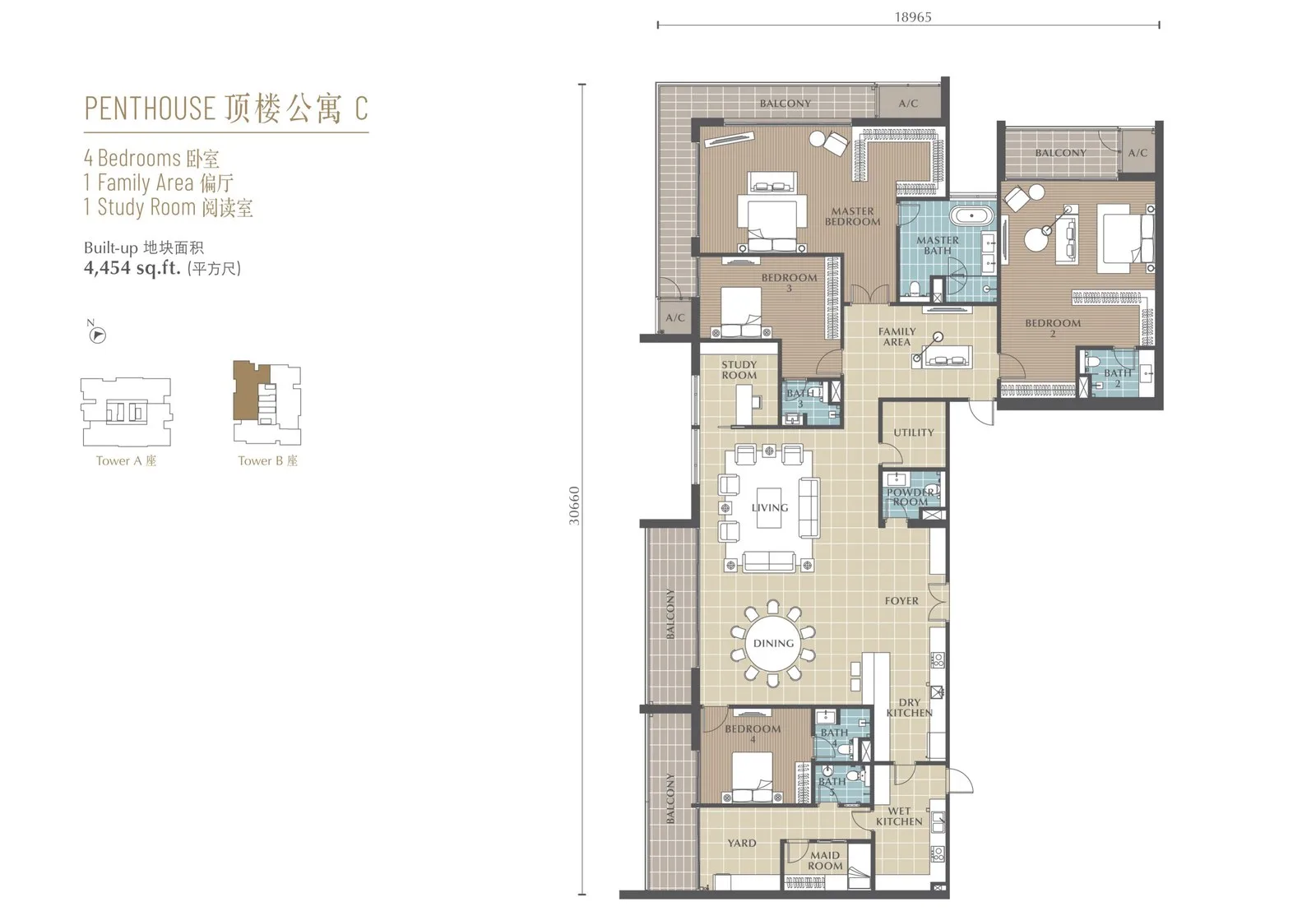 沙巴亚庇 Jalan Lintas Jesselton Twin Towers 顶楼公寓 C 平面图 4,454 平方尺 四房加偏厅与书房 B 座