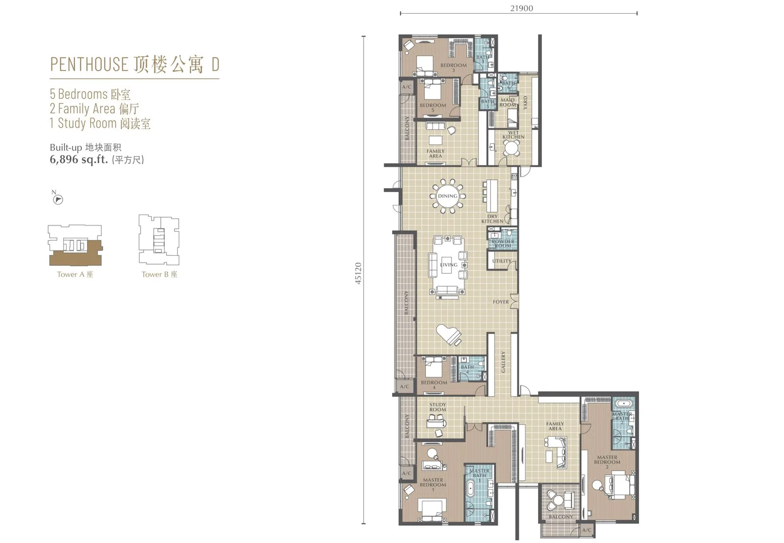 沙巴亚庇 Jalan Lintas Jesselton Twin Towers 顶楼公寓 D 平面图 6,896 平方尺 五房加两个偏厅与书房 A 座