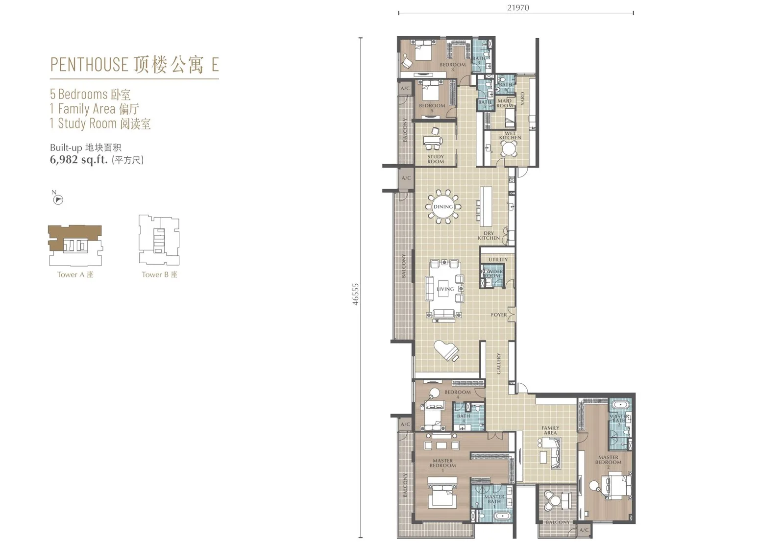 沙巴亚庇 Jalan Lintas Jesselton Twin Towers 顶楼公寓 E 平面图 6,982 平方尺 五房加偏厅与书房 A 座