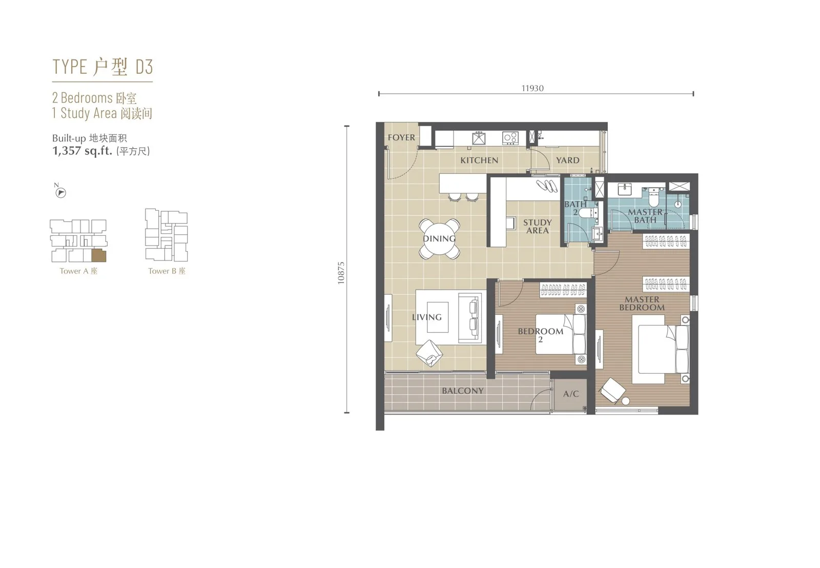 沙巴亚庇 Jalan Lintas Jesselton Twin Towers D3 型平面图 1,357 平方尺 两房加书房 A 座