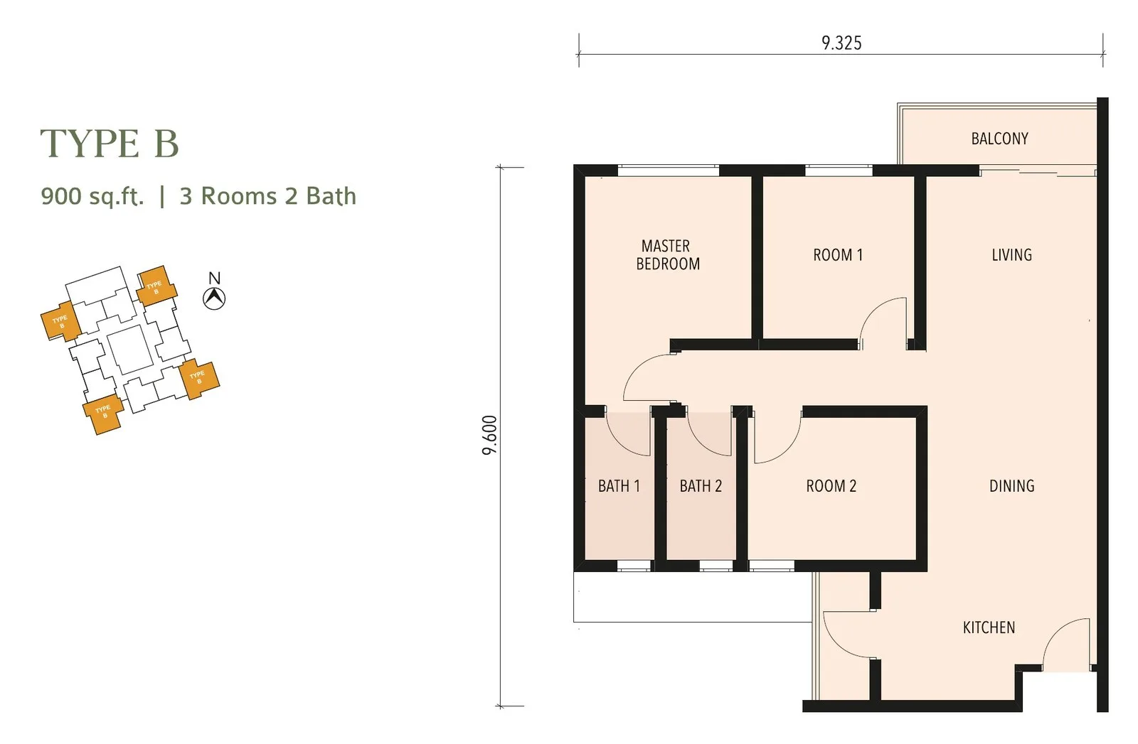 Type B floor plan 900 sq ft, 3 rooms and 2 baths, corner unit, with overall dimensions, from the developer’s brochure at Kayana Heights, Ayuria Place, Alamesra, Kota Kinabalu, Sabah