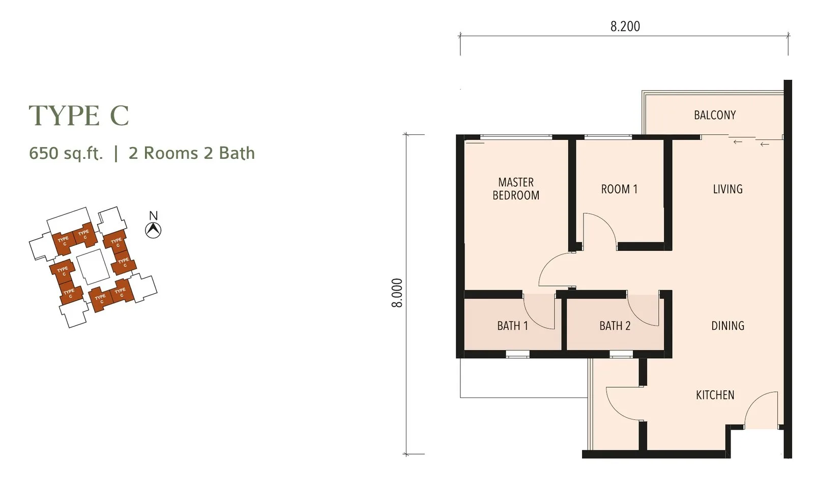 Type C floor plan 650 sq ft, 2 rooms and 2 baths, with overall dimensions, from the developer’s brochure at Kayana Heights, Ayuria Place, Alamesra, Kota Kinabalu, Sabah