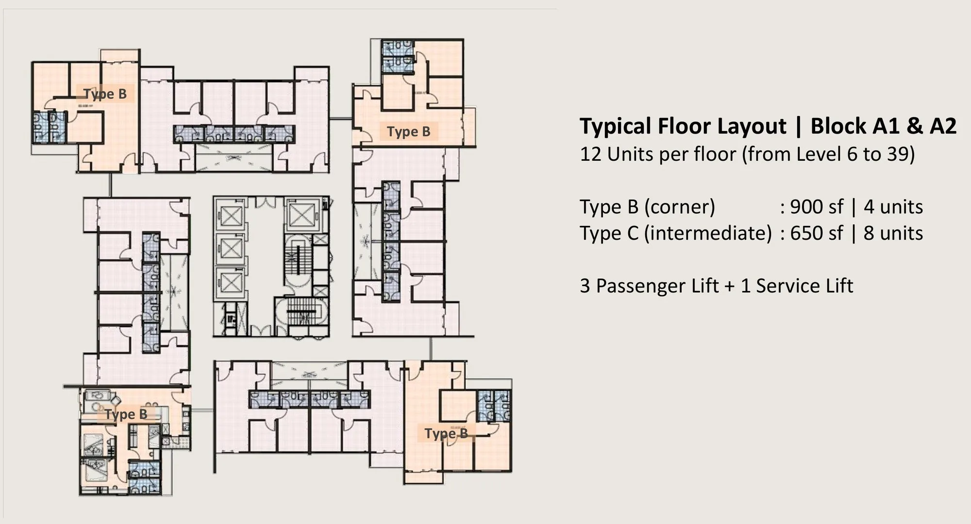 Typical floor layout of Blocks A1 and A2: 12 units per floor, four Type B corners and eight Type C, from the developer’s brochure at Kayana Heights, Ayuria Place, Alamesra, Kota Kinabalu, Sabah