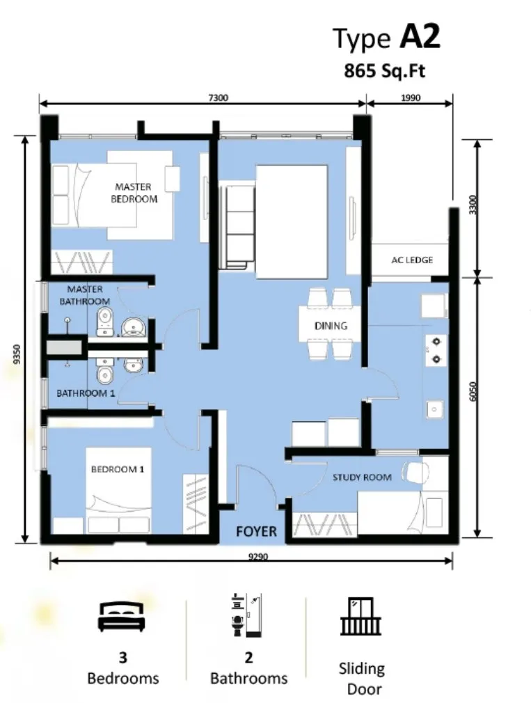Type A2 floor plan 865 sq ft Blocks B and C at Kingfisher Inanam, Inanam, Kota Kinabalu, Sabah