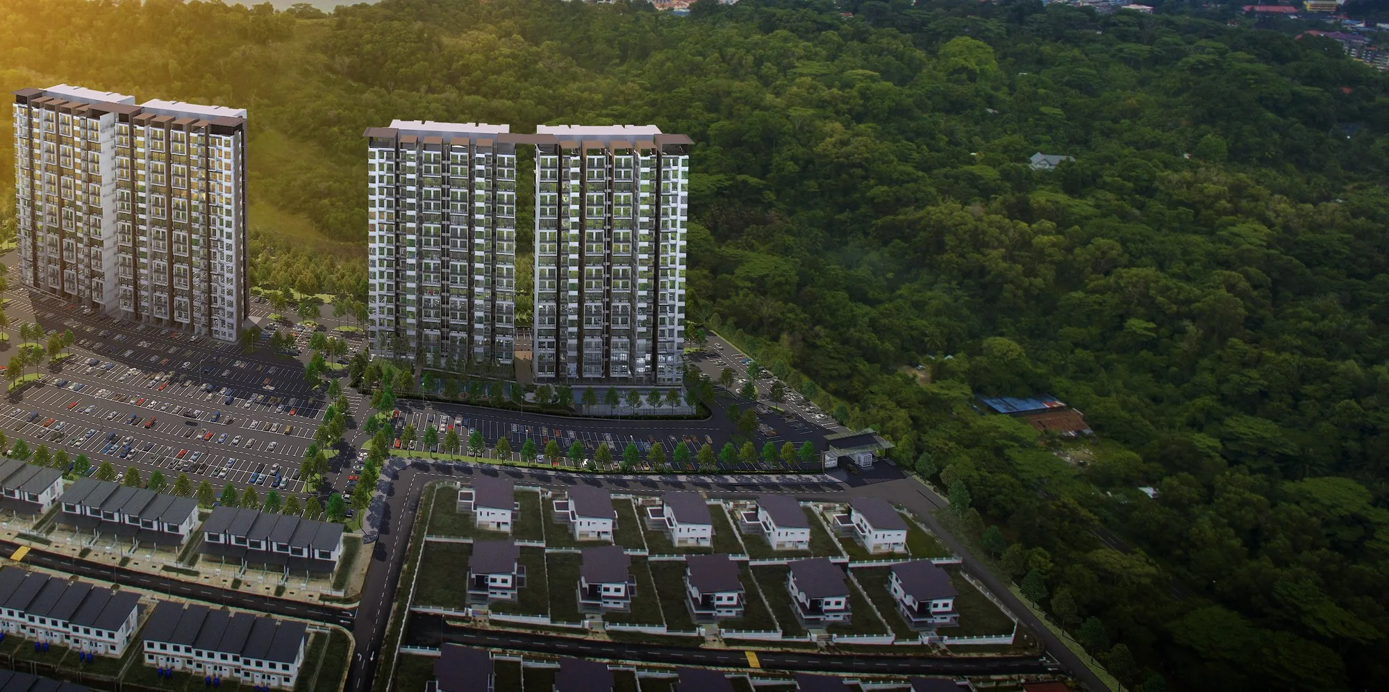 Artist’s aerial impression of the four towers, the car park and the neighbouring landed houses, from the developer’s brochure at Kingfisher Sandakan, Jalan Utara, Sandakan, Sabah