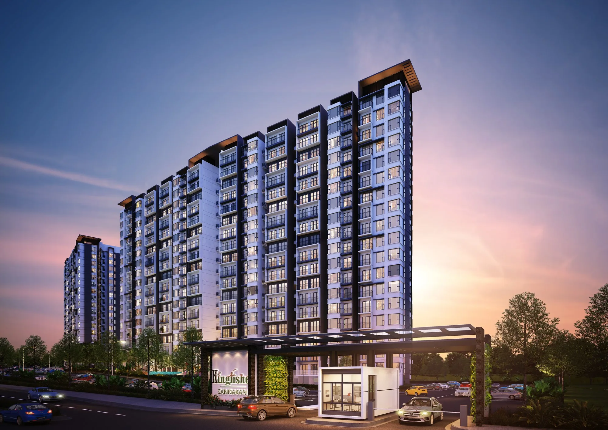 Artist’s impression of the Kingfisher Sandakan towers and entrance at dusk, from the developer’s brochure at Kingfisher Sandakan, Jalan Utara, Sandakan, Sabah