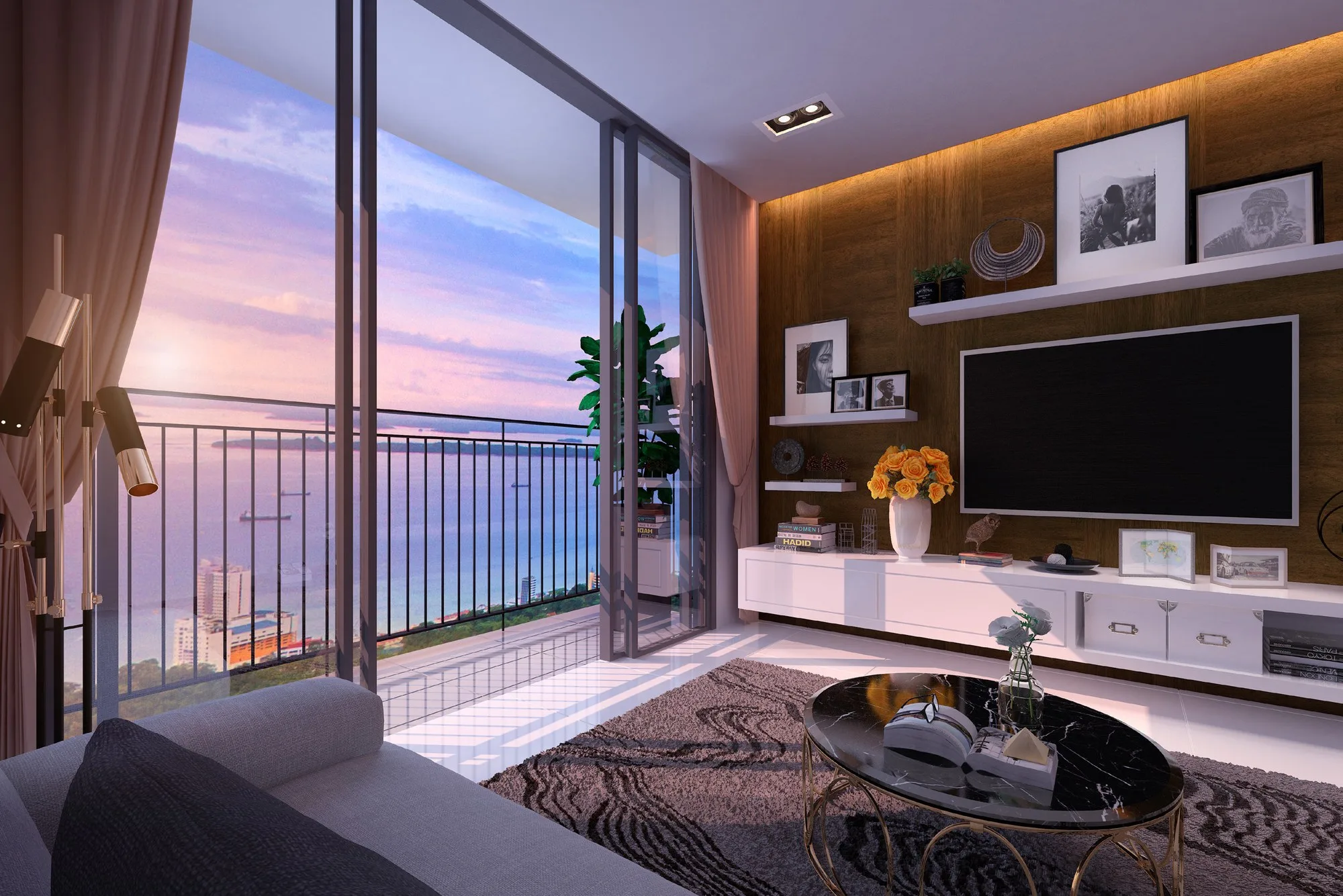 Artist’s impression of a living room and balcony with a sea view, from the developer’s brochure at Kingfisher Sandakan, Jalan Utara, Sandakan, Sabah