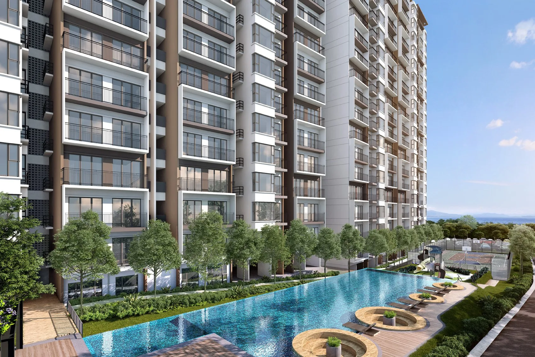 Artist’s impression of the swimming pool at the foot of the towers, from the developer’s brochure at Kingfisher Sandakan, Jalan Utara, Sandakan, Sabah