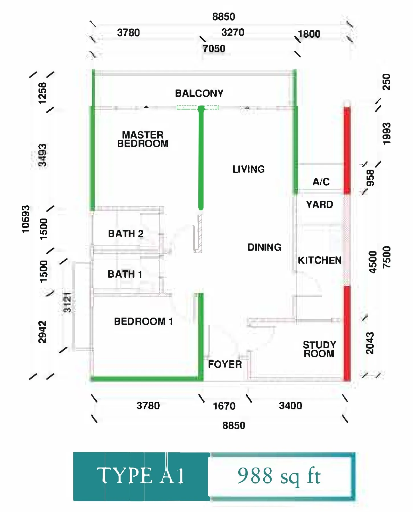 Type A1 floor plan 988 sq ft two bedrooms plus study at Kingfisher Sandakan, Jalan Utara, Sandakan, Sabah