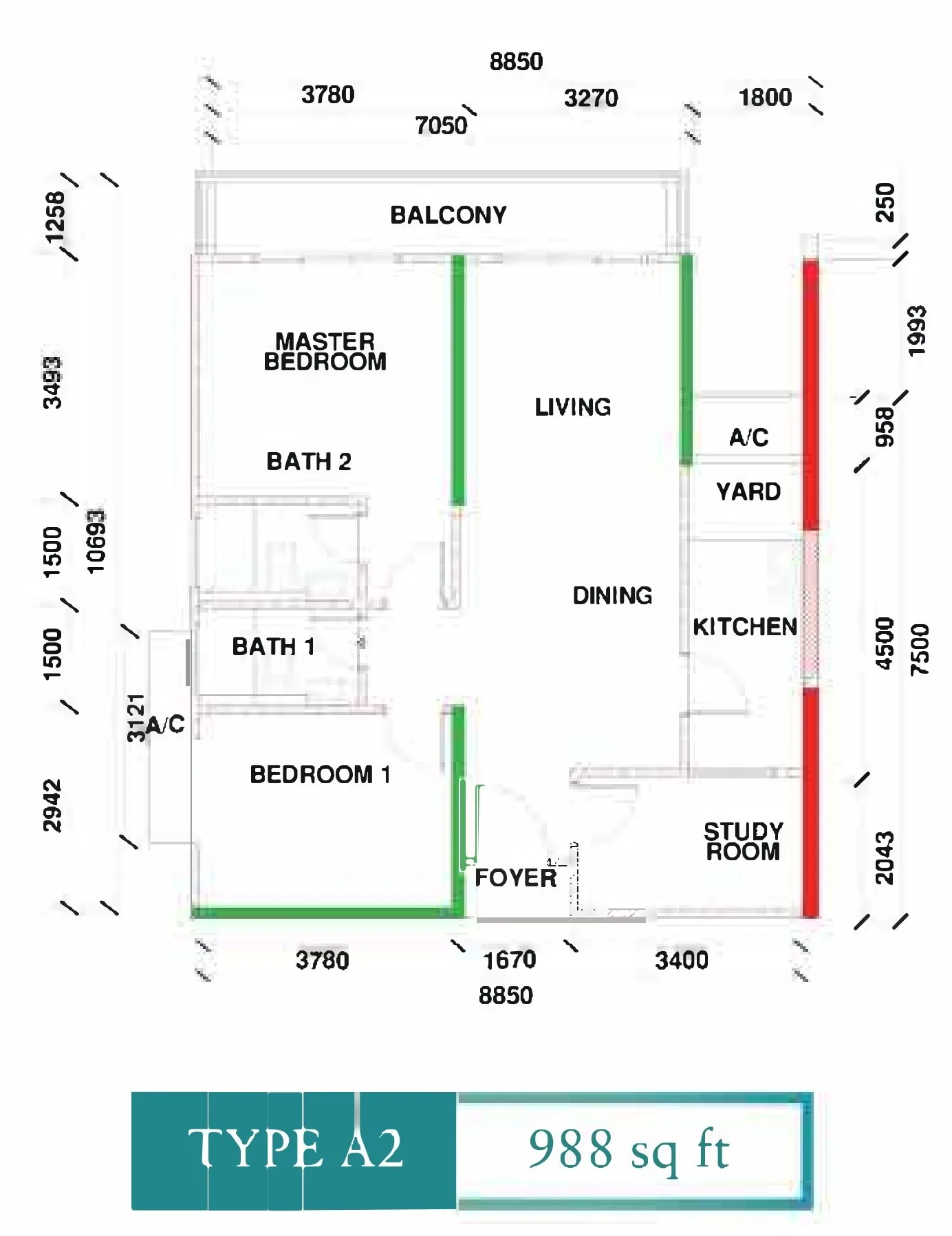Type A2 floor plan 988 sq ft two bedrooms plus study at Kingfisher Sandakan, Jalan Utara, Sandakan, Sabah