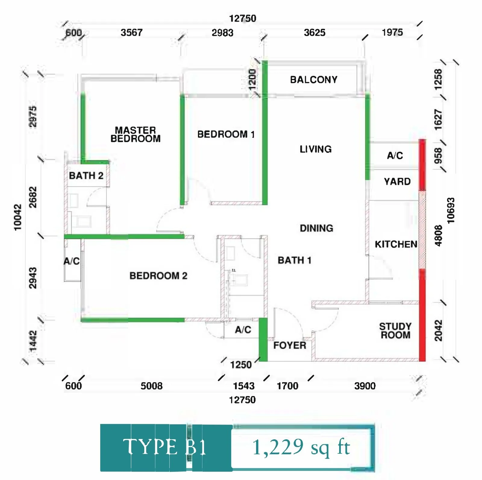 Type B1 floor plan 1,229 sq ft three bedrooms plus study at Kingfisher Sandakan, Jalan Utara, Sandakan, Sabah