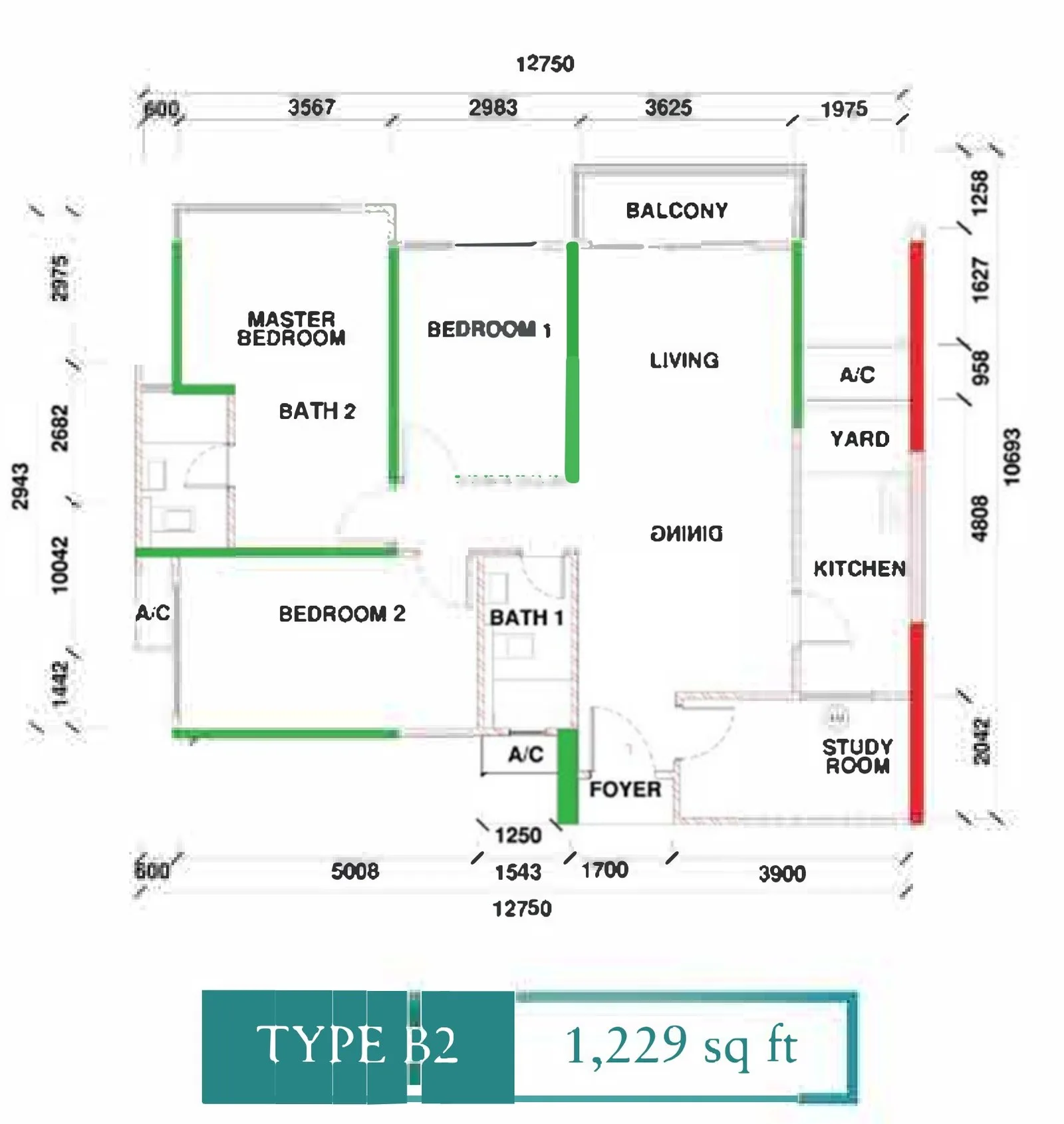 Type B2 floor plan 1,229 sq ft three bedrooms plus study at Kingfisher Sandakan, Jalan Utara, Sandakan, Sabah