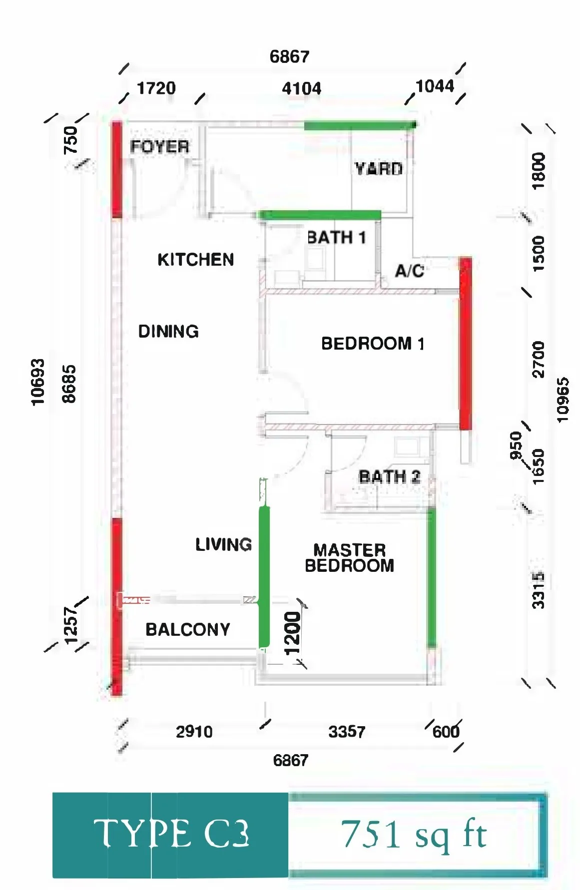 Type C floor plan 751 sq ft two bedrooms at Kingfisher Sandakan, Jalan Utara, Sandakan, Sabah