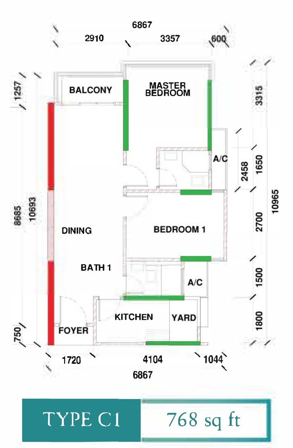 Type C1 floor plan 768 sq ft two bedrooms at Kingfisher Sandakan, Jalan Utara, Sandakan, Sabah