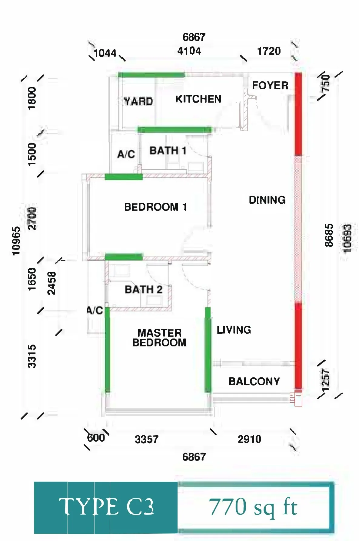 Type C3 floor plan 770 sq ft two bedrooms at Kingfisher Sandakan, Jalan Utara, Sandakan, Sabah