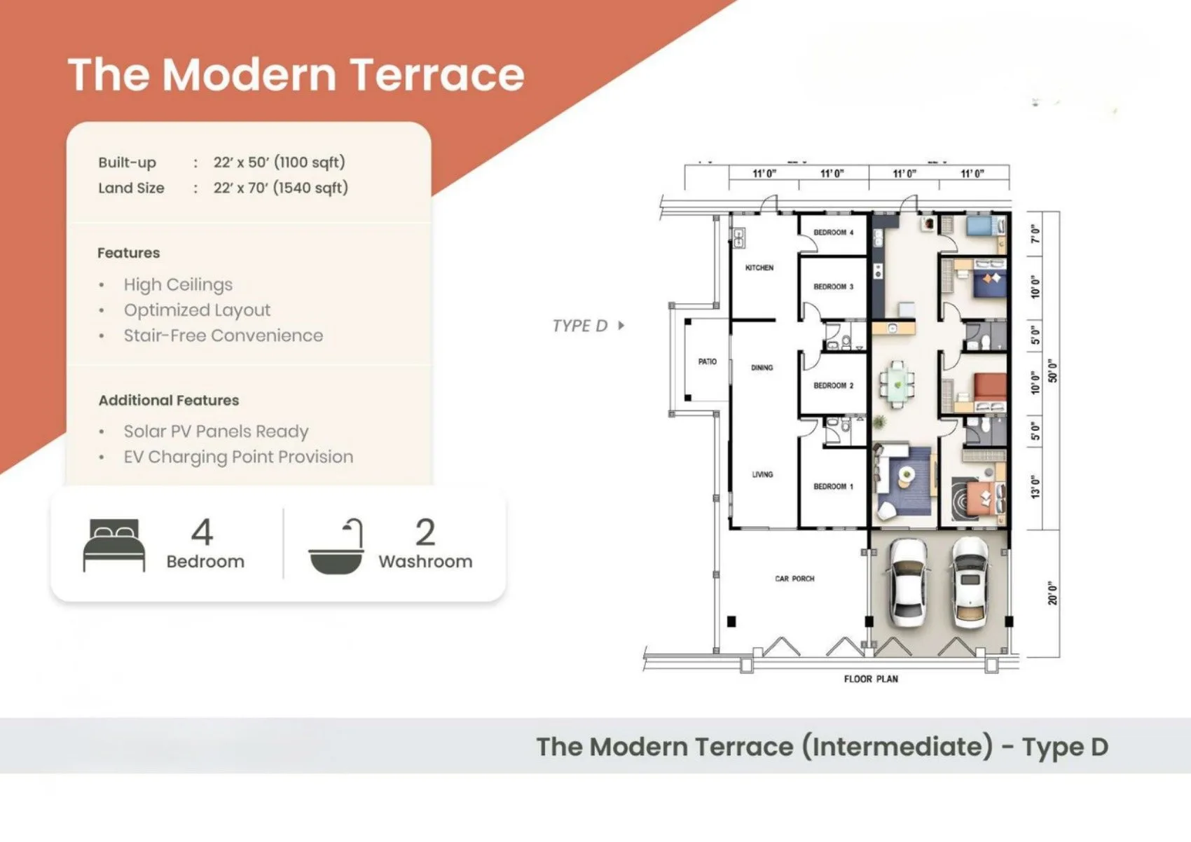 Floor plan of The Modern Terrace intermediate unit Type D, 22 ft x 50 ft built-up on 22 ft x 70 ft land, 4 bedrooms 2 bathrooms, Klemeru Phase 4, Ipoh