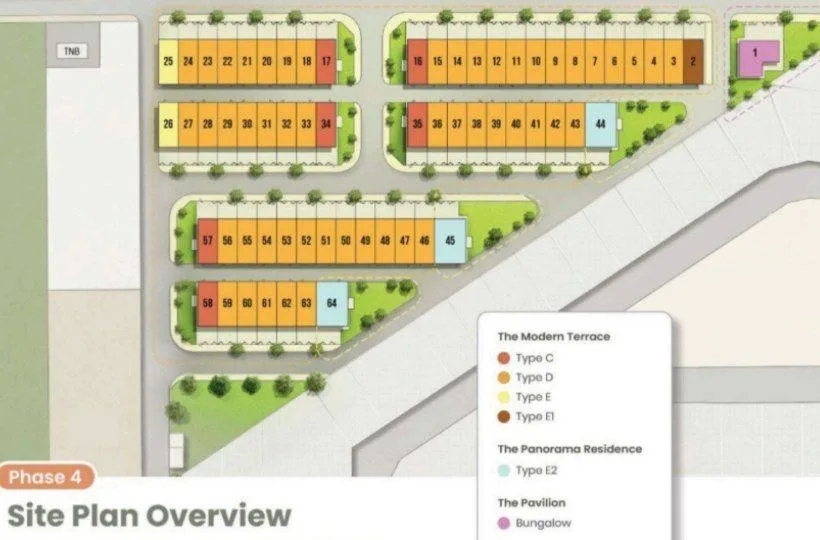 Site plan of Klemeru Phase 4 showing 63 single-storey terrace lots and 1 bungalow lot, Chepor, Ipoh, Perak