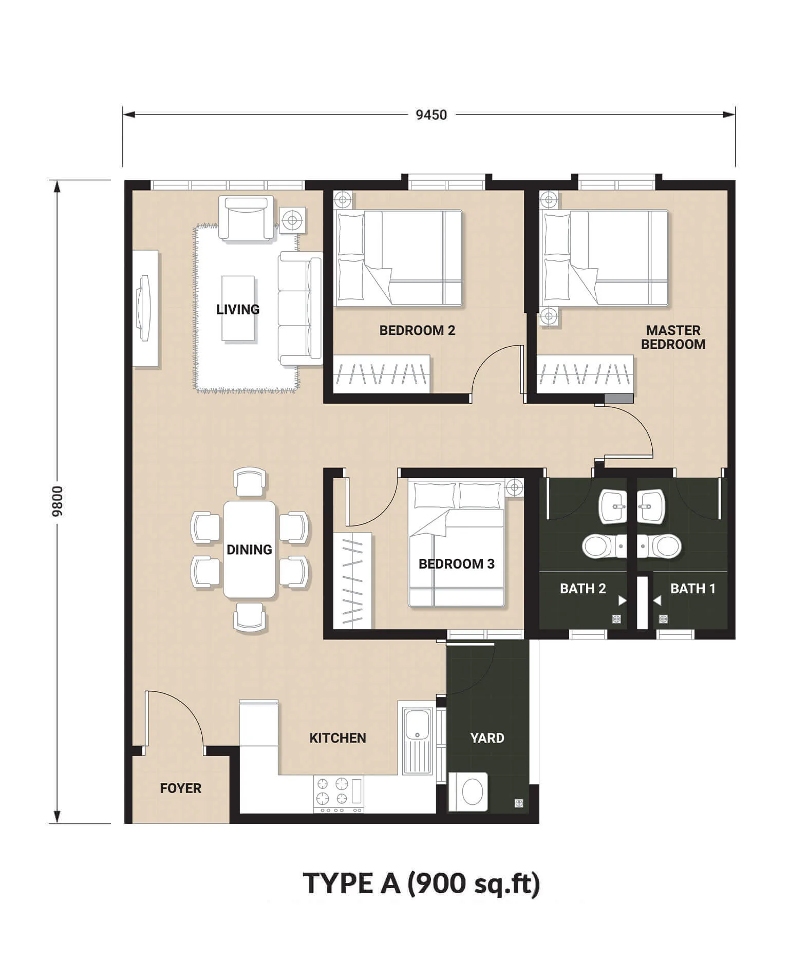Laguna Bay Residences Type A unit floor plan — 900 sq ft, three bedrooms and two bathrooms, Teluk Kumbar, Penang