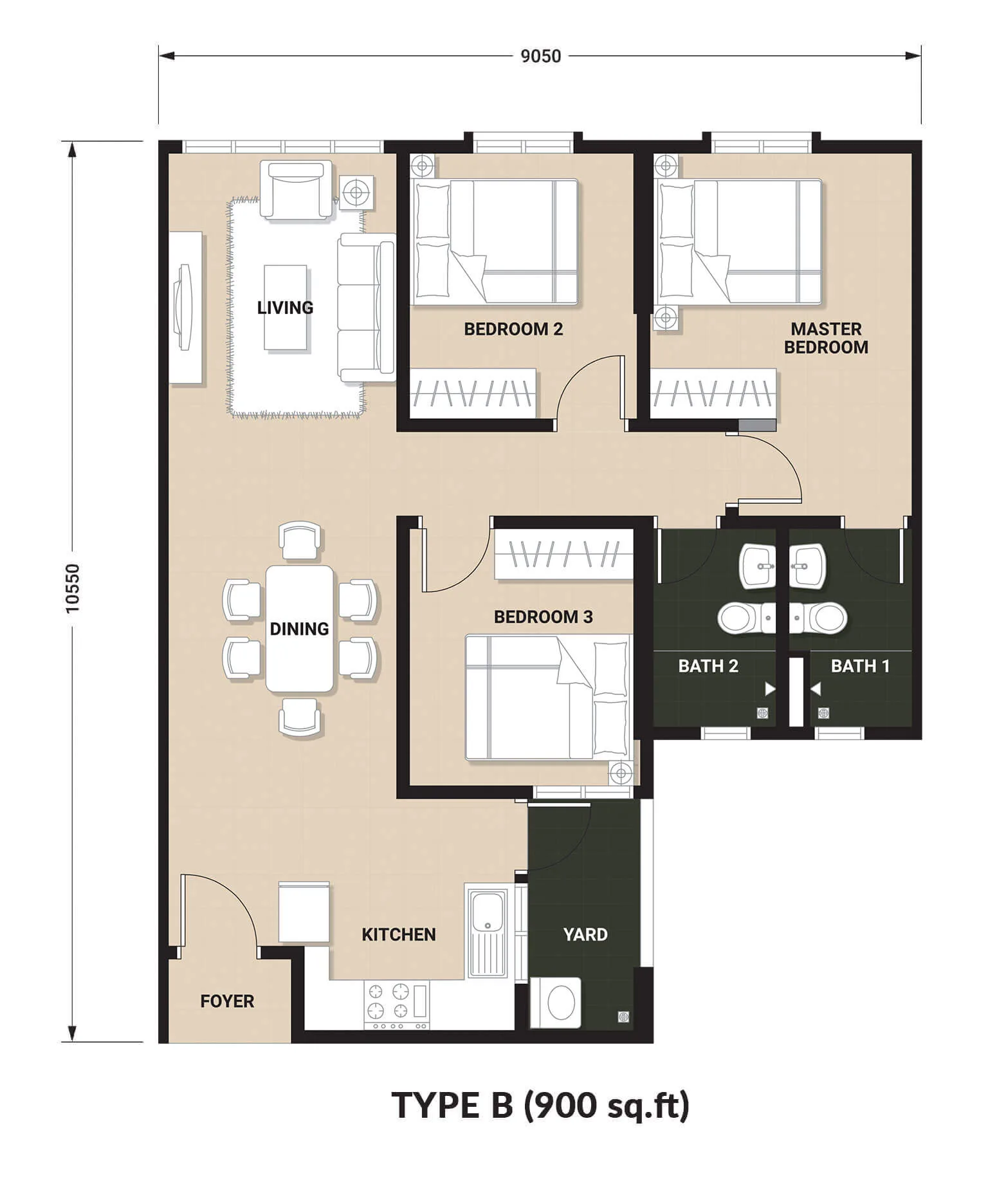 Laguna Bay Residences Type B unit floor plan — 900 sq ft, three bedrooms and two bathrooms, Teluk Kumbar, Penang