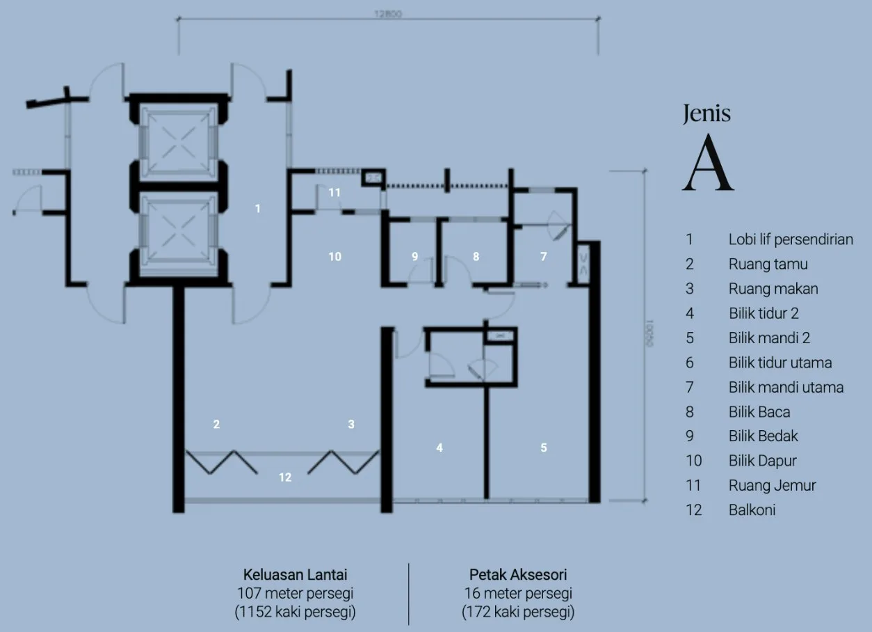 Lightwater Residences Type A floor plan — 107 sqm (1,152 sq ft), two bedrooms and a study, The Light City, Gelugor, Penang