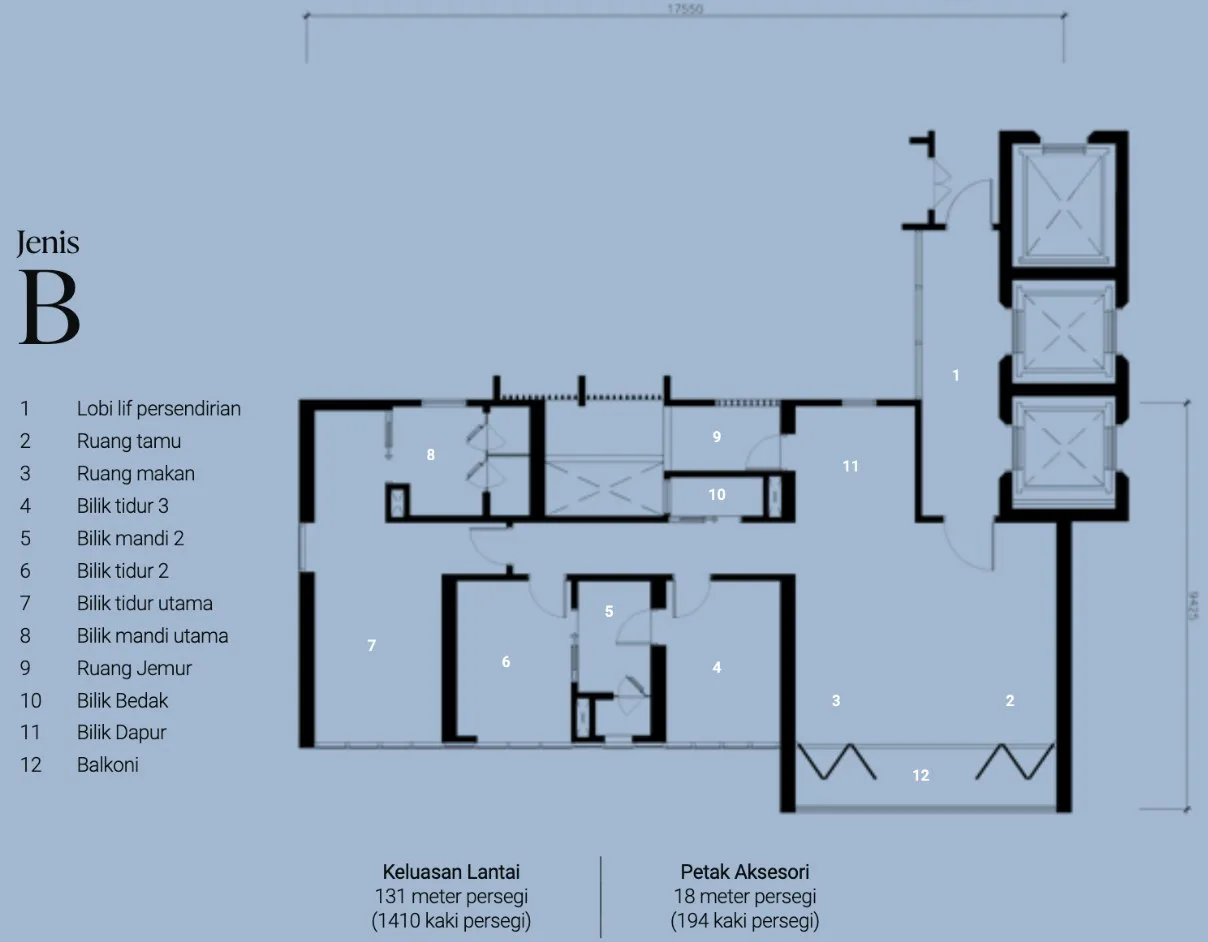Lightwater Residences Type B floor plan — 131 sqm (1,410 sq ft), three bedrooms, The Light City, Gelugor, Penang