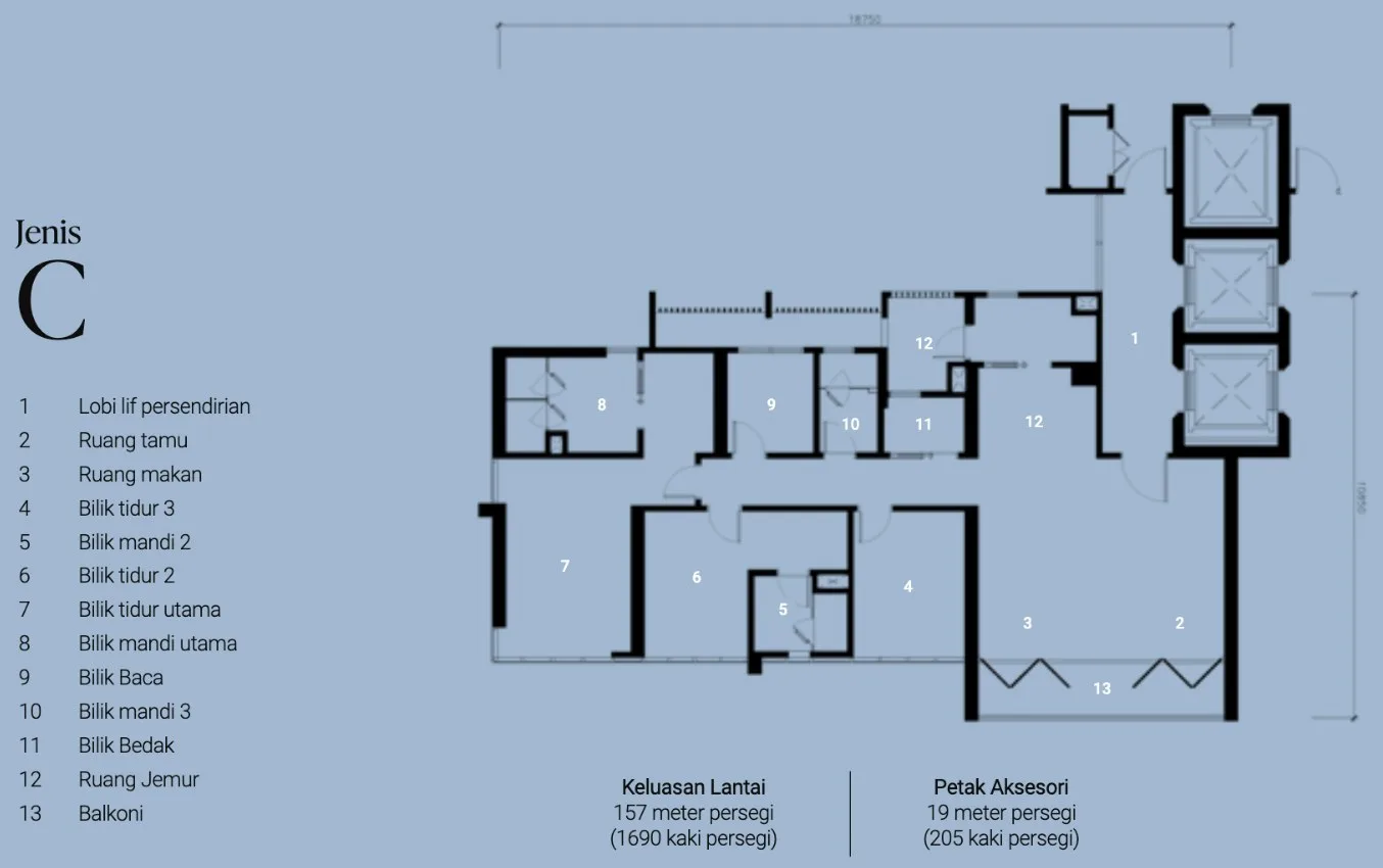 Lightwater Residences Type C floor plan — 157 sqm (1,690 sq ft), three bedrooms and a study, The Light City, Gelugor, Penang