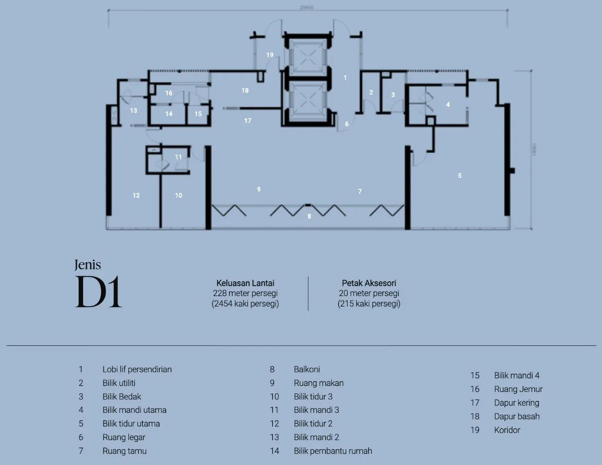 Lightwater Residences Type D1 floor plan — 228 sqm (2,454 sq ft) top-floor home, The Light City, Gelugor, Penang