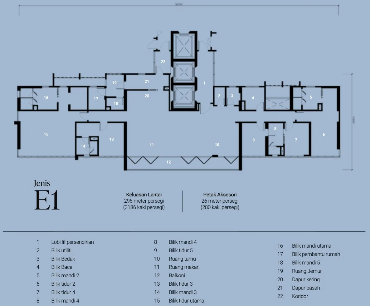 Lightwater Residences Type E1 floor plan — 296 sqm (3,186 sq ft) top-floor home, The Light City, Gelugor, Penang