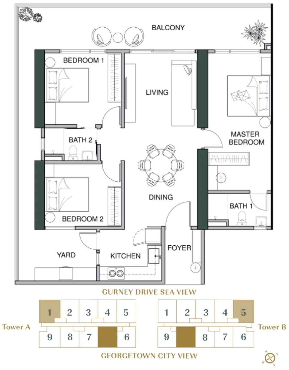 Lumina Residence Type A floor plan with the developer's key plan — 1,518 sq ft, three bedrooms and two bathrooms, George Town, Penang